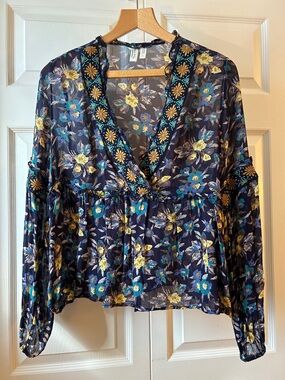 Anthropologie Rue Navy Sheer Floral V-Neck Blouse w bead and embroidery detail